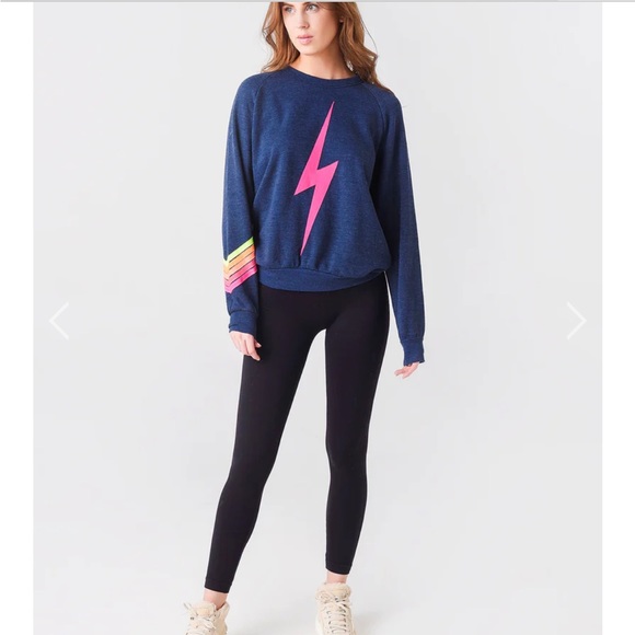 Aviator nation navy sweatshirt w/ pink bolt and stripe design on arm GUC beachy - Picture 2 of 12